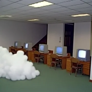 Cloud among desks in an empty room.