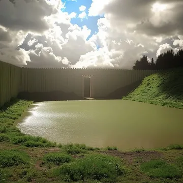 Circular green pool beneath a dramatic sky.