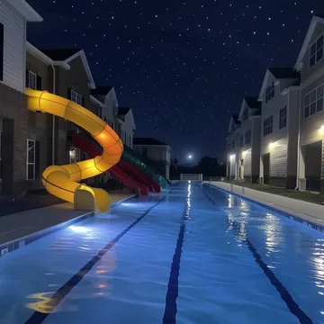 Yellow slide over a blue pool between houses at night.