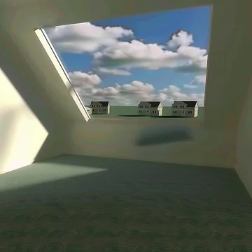 Sky opening in a pale empty room.
