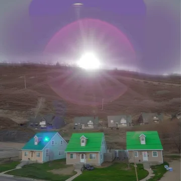 Colored houses beneath a glowing purple horizon.