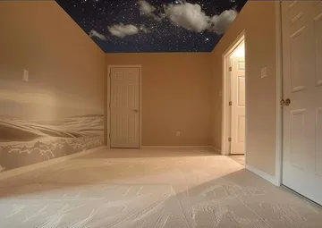 Empty beige room with clouds above.