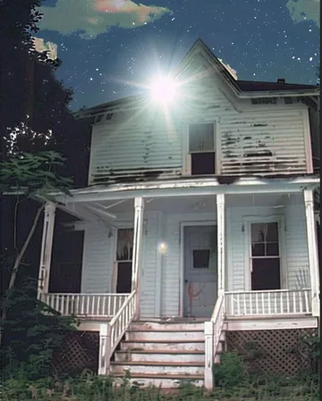 Weathered white house illuminated at night.