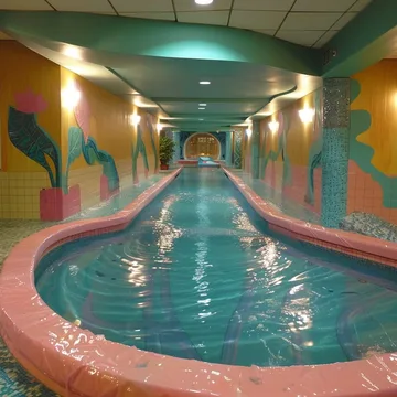 Curved indoor pool with painted walls.