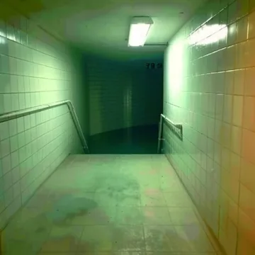 Green-tiled room with doors under fluorescent light.