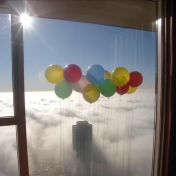 Balloons outside a window above towers in the clouds.