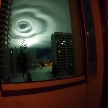 Spiral of light above buildings seen through a window.