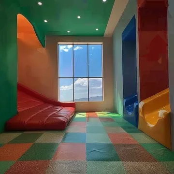 Red slide beside a bright window and colored tiles.