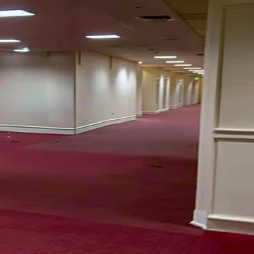 Wide empty basement with red carpet.
