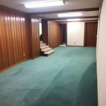 Wood-paneled room with green carpet and stairs.