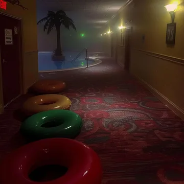 Swimming rings in a dim red-carpeted hallway.