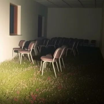 Waiting chairs on grass beside a building.