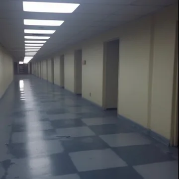 Long empty corridor with a checkered floor.