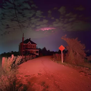 Empty road and stop sign beneath a red sky.