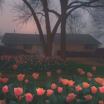 Tulips beneath a bare tree at dusk.