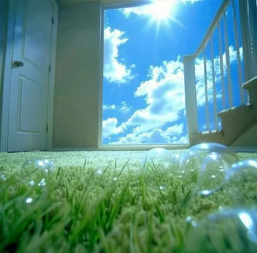 Flowers and grass at a doorway to blue sky.
