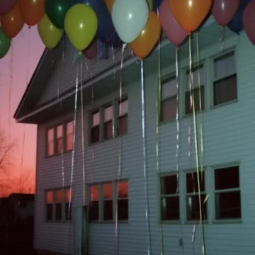 Balloons above a building beneath a red sunset.