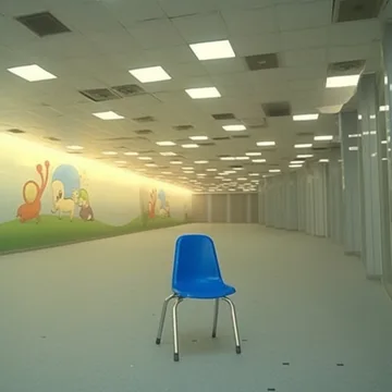 Single blue chair in a bright empty hall.