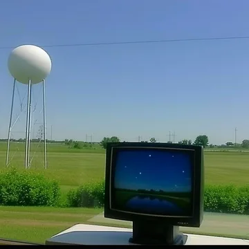 Old television in a field beneath a water tower.