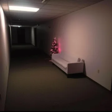 Small decorated tree at the end of a dim hallway.