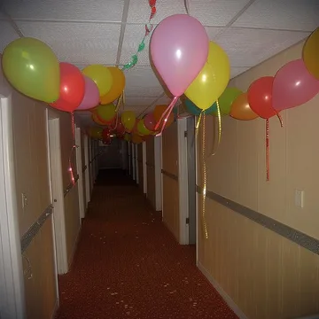 Balloons lining a narrow hallway.