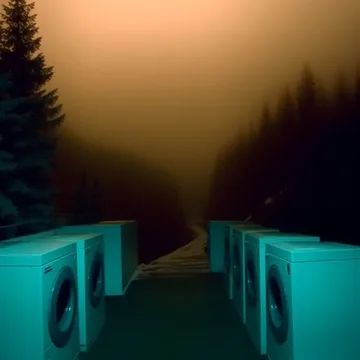 Washing machines outdoors beneath an orange sky.
