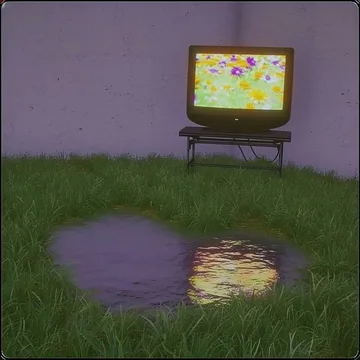 Old television above a small pool in grass.