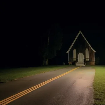 Small house on an empty road at night.