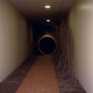 Narrow corridor leading toward a dark circular tunnel.
