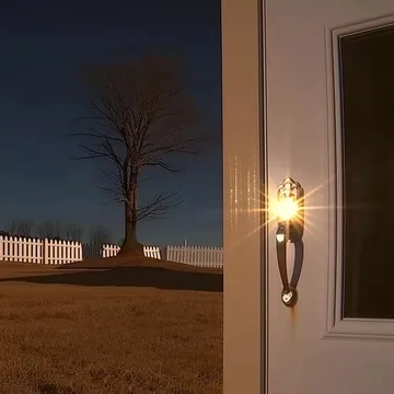 Open door facing a bare tree in the evening.