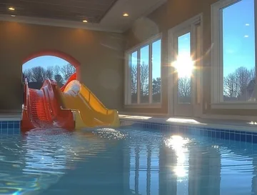 Small slides in a sunlit indoor pool.
