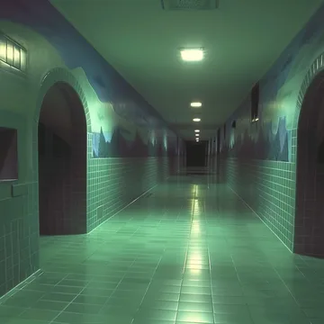 Green tiled hall with arched doorways.