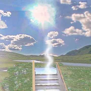 Stairs ascending toward bright light above water.