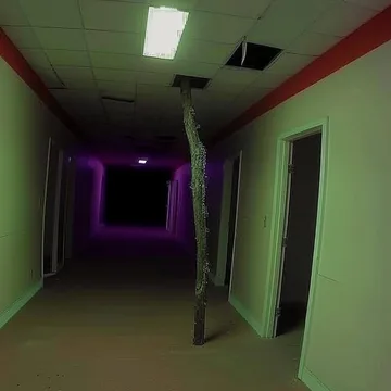 Dark hallway with purple light and an open door.