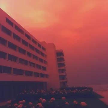 Building above flowers under a red sky.