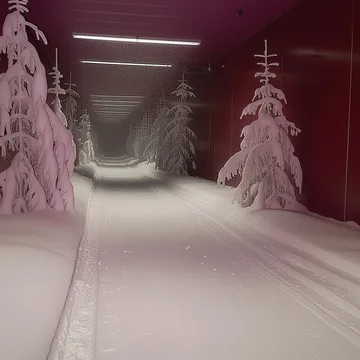Snow-covered trees inside a pink hallway.