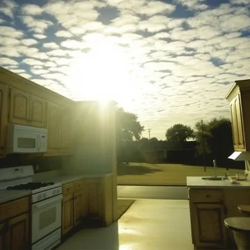 Kitchen opening onto a sunlit yard.