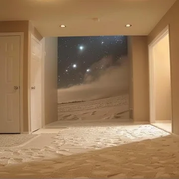 Empty room with a view of stars and snow.