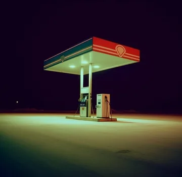 Isolated gas station beneath a dark purple sky.
