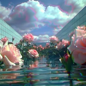Roses along a flooded passage beneath clouds.