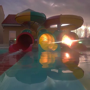 Tube slides reflected in a sunset pool.