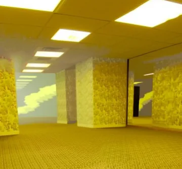 Yellow fluorescent hallway with patterned walls.