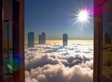 Open doorway overlooking towers in the clouds.