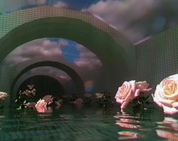 Roses beneath repeating arches above water.