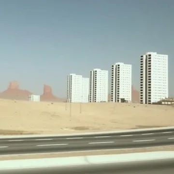 Distant apartment towers beyond a pale landscape.