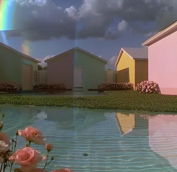Reflective pool among pale houses under clouds.