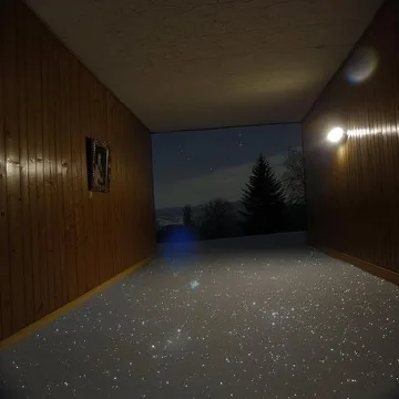 Outdoor corridor beside sparkling water at night.