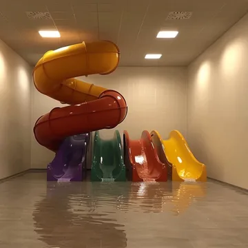 Spiral slide inside a flooded room.
