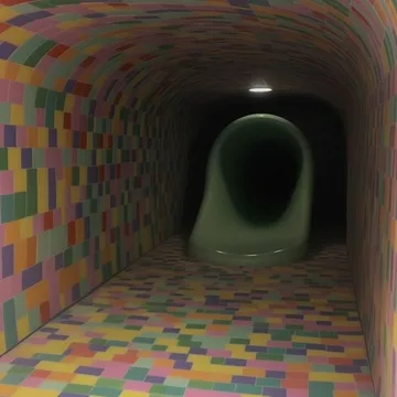 Tiled tunnel with a dark circular opening.