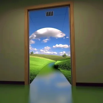 Blue door opening to a path and green hills.